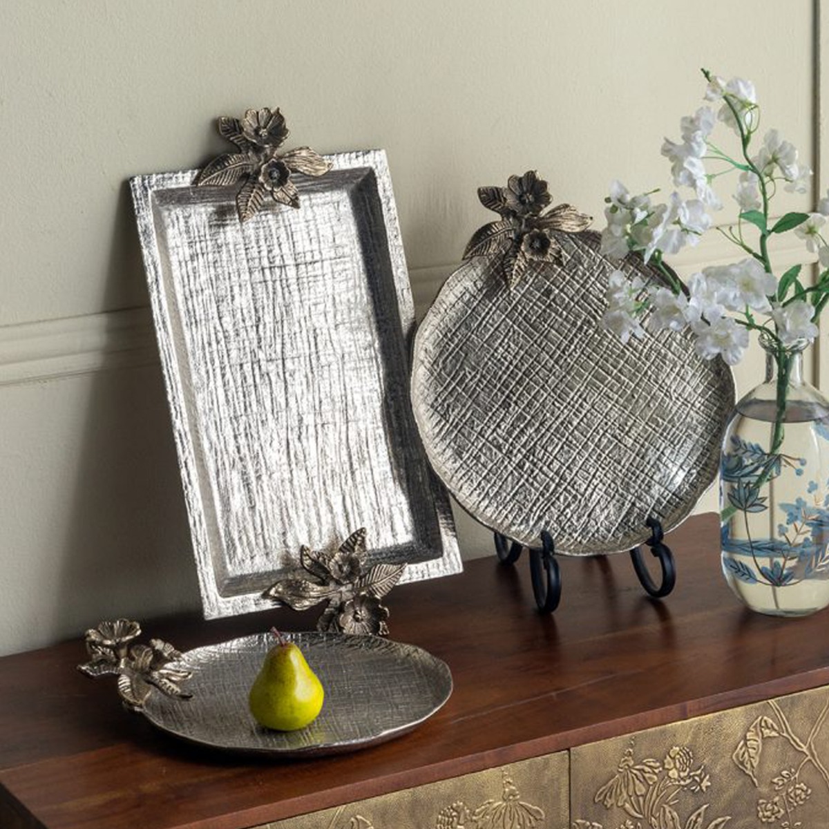 Artekko Branch Ασημί Μεταλλικός Δίσκος (47x24.8x6.4)cm