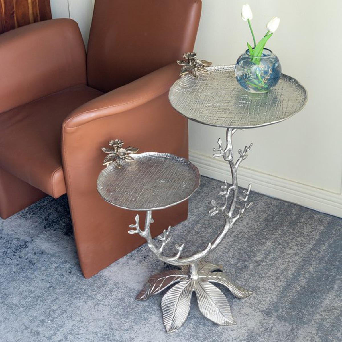 Artekko Branch Ασημί Μεταλλικό Βοηθητικό Τραπέζι (66x40.6x76.2)cm