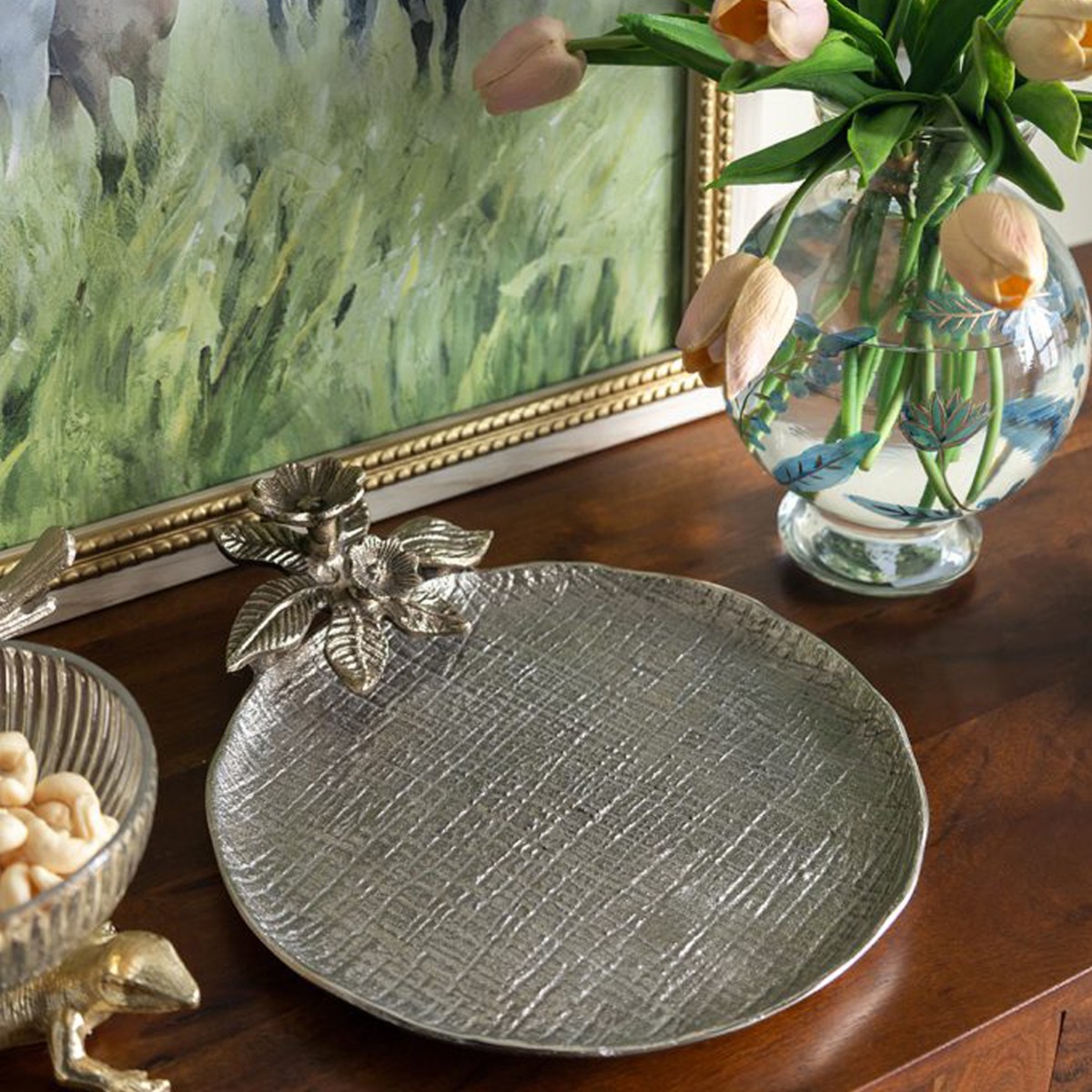 Artekko Branch Ασημί Μεταλλικός Δίσκος (30.5x25.4x7)cm