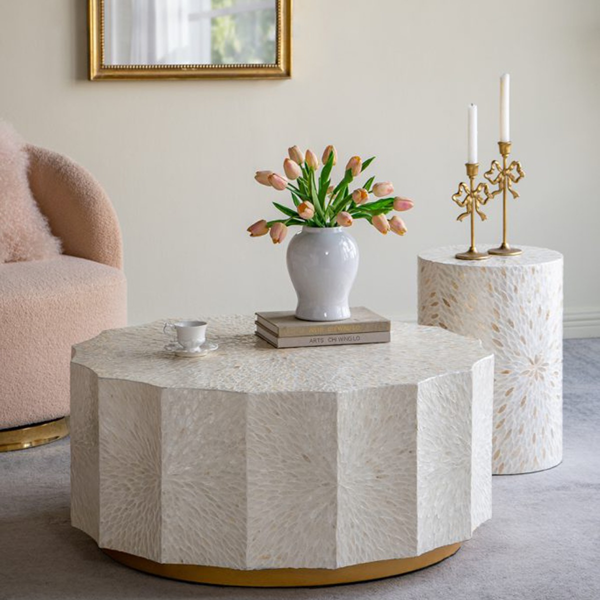 Artekko Ivory Εκρού Τραπέζι Σαλονιού από MDF και Capiz (90x90x40)cm