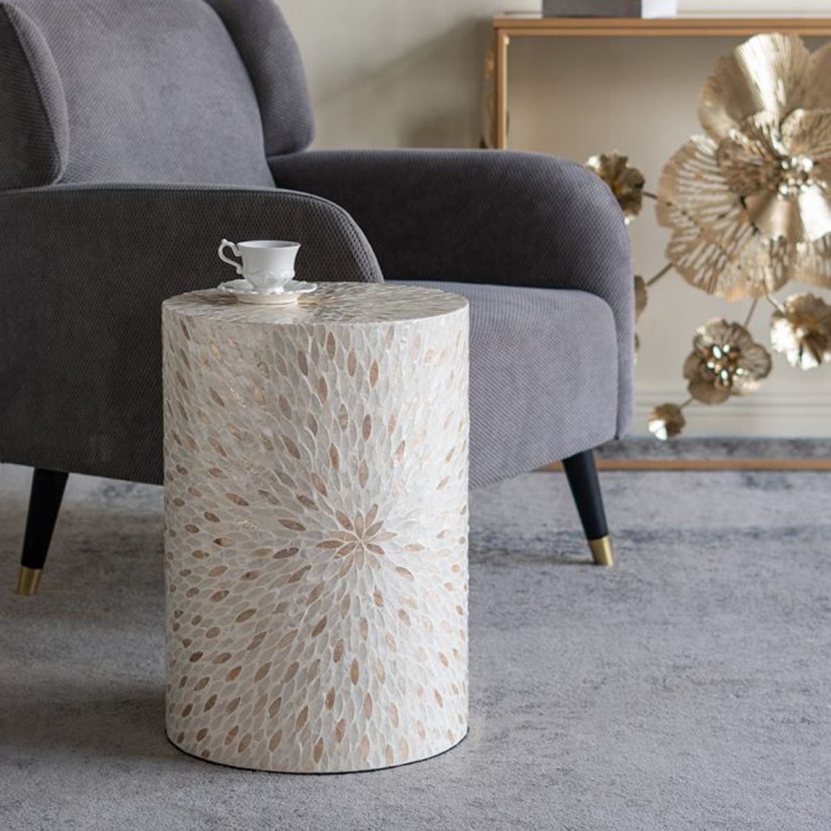Artekko Ivory Εκρού Βοηθητικό Τραπέζι Σκαμπό από MDF και Capiz (35x35x50)cm
