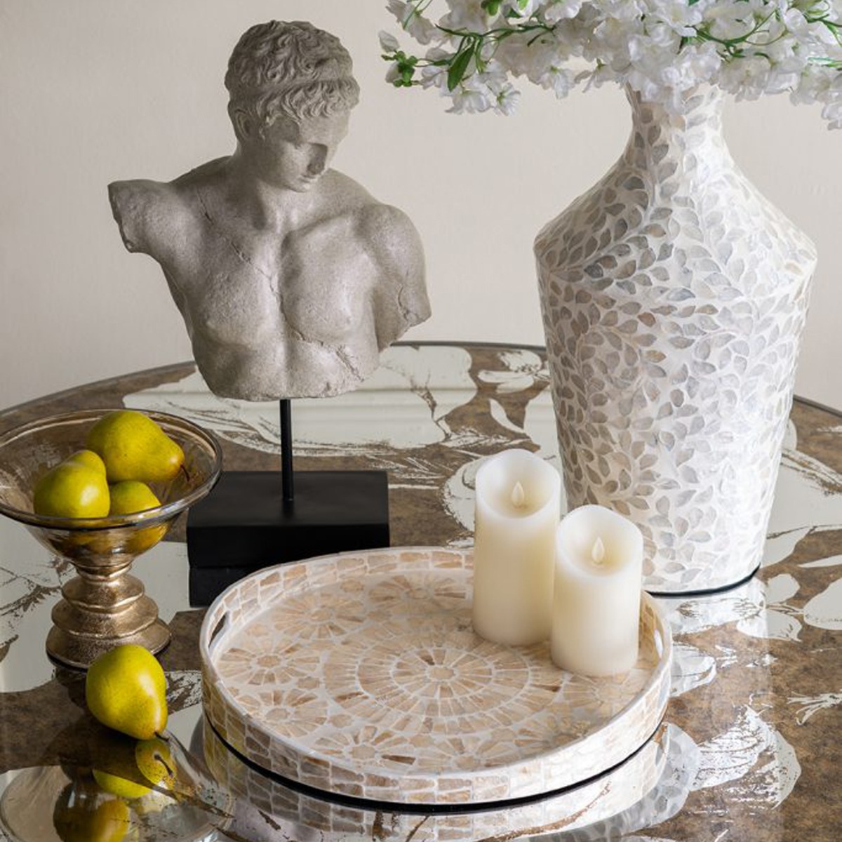 Artekko Ivory Εκρού Διακοσμητικός Δίσκος από MDF και Capiz (40x40x5)cm