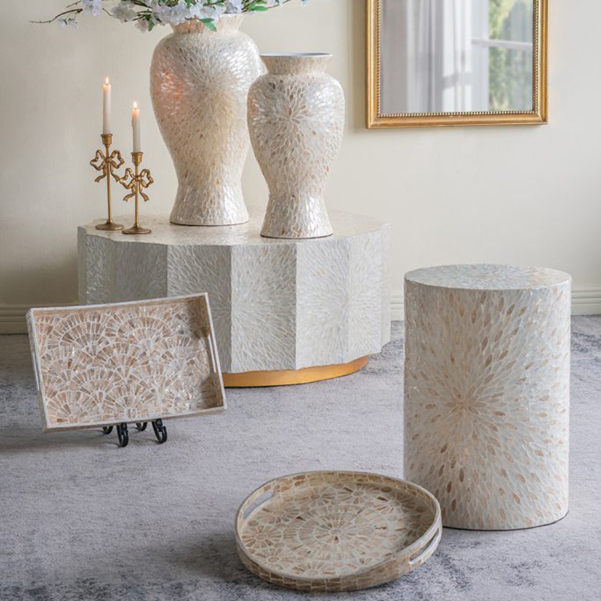 Artekko Ivory Εκρού Διακοσμητικός Δίσκος από MDF και Capiz (40x40x5)cm
