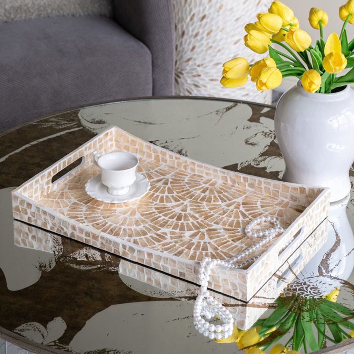 Artekko Ivory Εκρού Διακοσμητικός Δίσκος από MDF και Capiz (45x30x5)cm