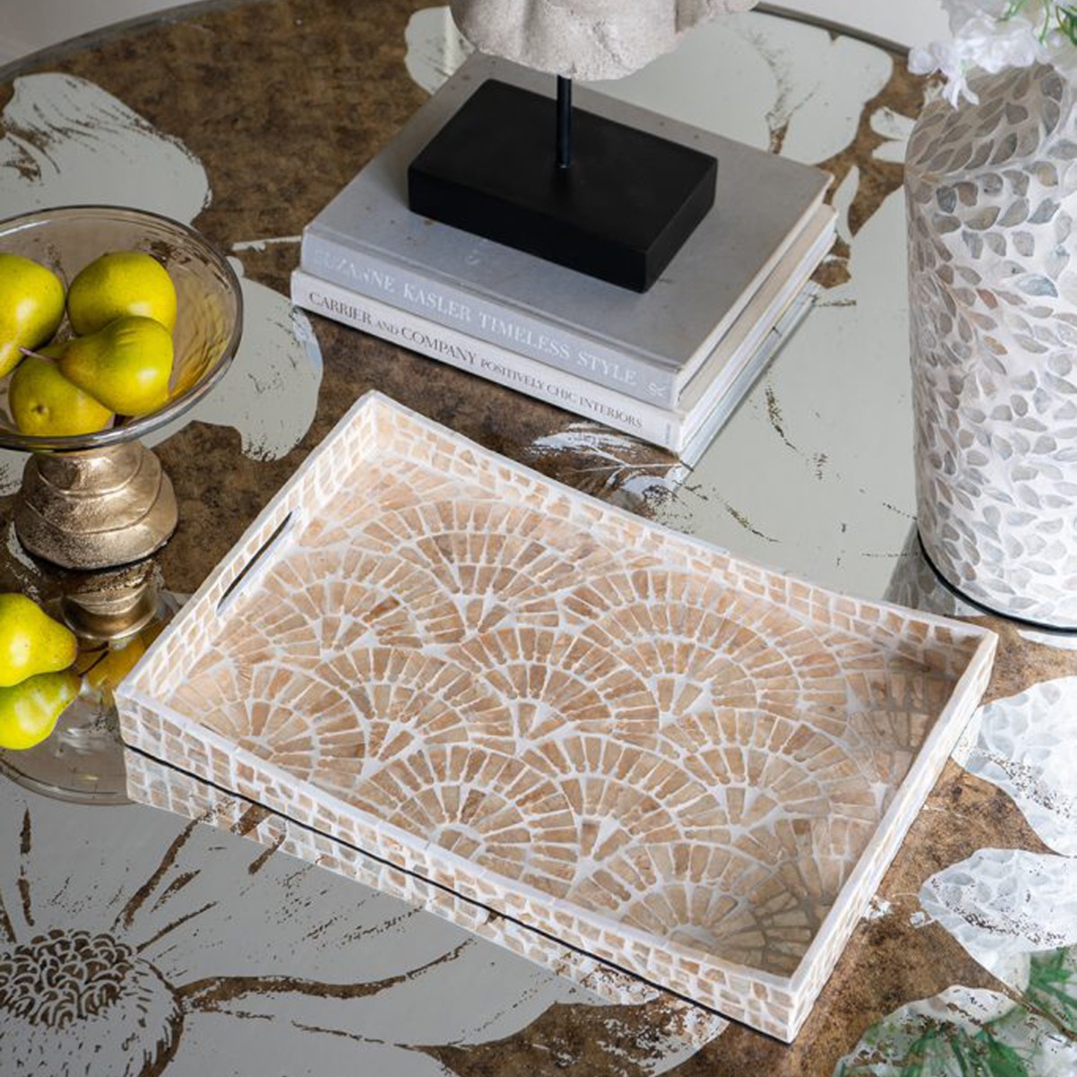 Artekko Ivory Εκρού Διακοσμητικός Δίσκος από MDF και Capiz (45x30x5)cm