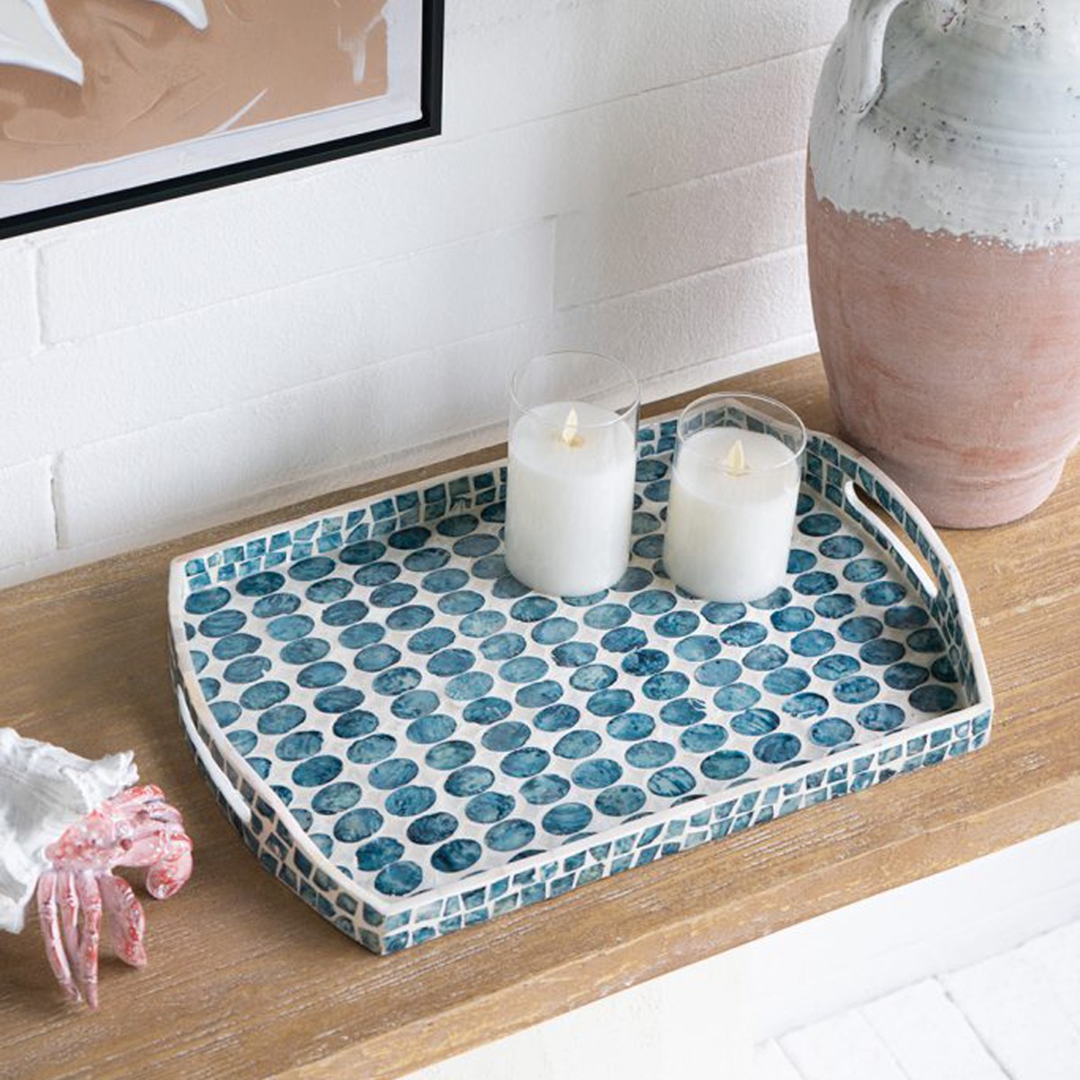 Artekko Ivory Διακοσμητικός Δίσκος από MDF και Capiz σε Λευκό με Μπλε (46x30x5)cm