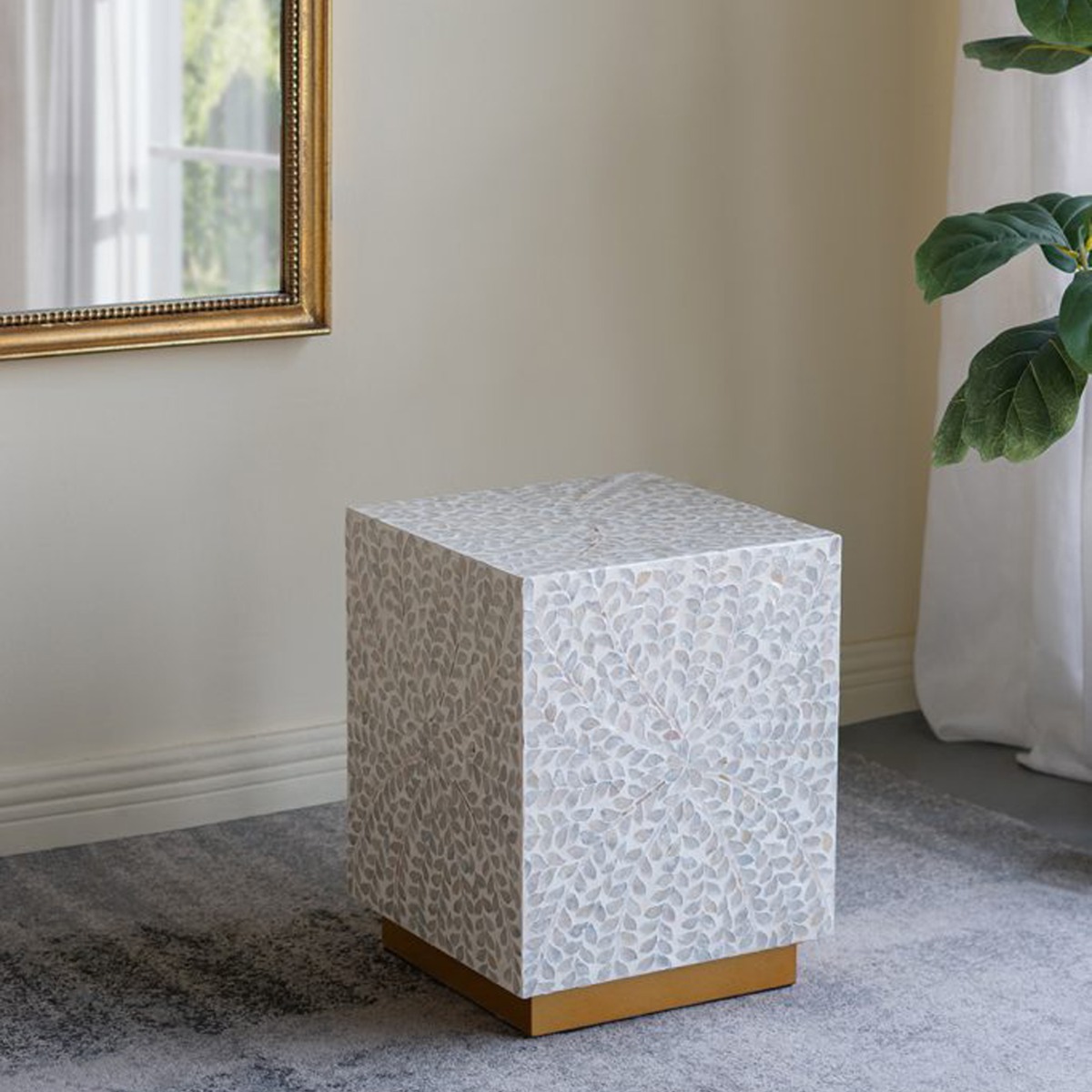 Artekko Ivory Γκρι Βοηθητικό Τραπέζι Σκαμπό από MDF και Capiz (35x35x45)cm