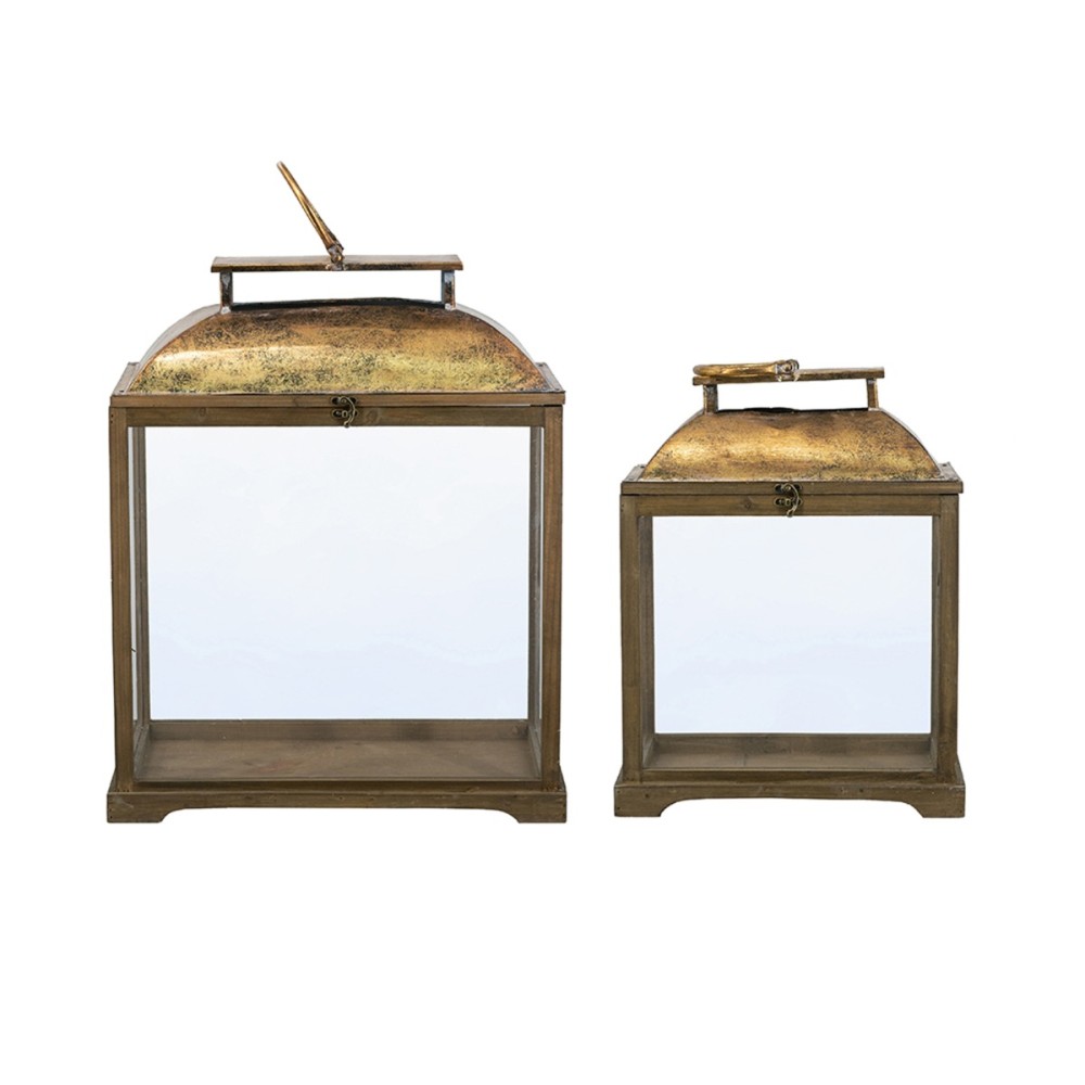 Artekko Lantern Καφέ Διακοσμητικά Φανάρια από Ξύλο Ελάτης με Χρυσές Λεπτομέρειες (48.6x26.7x57.1)cm (35.5x43.8x20.3)cm 2pcs