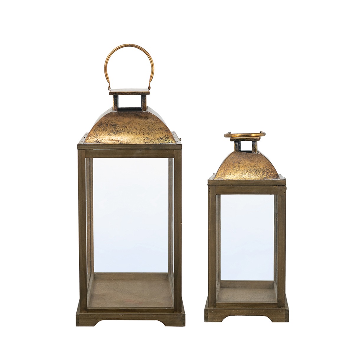 Artekko Lantern Καφέ Διακοσμητικά Φανάρια από Ξύλο Ελάτης με Χρυσές Λεπτομέρειες (48.6x26.7x57.1)cm (35.5x43.8x20.3)cm 2pcs