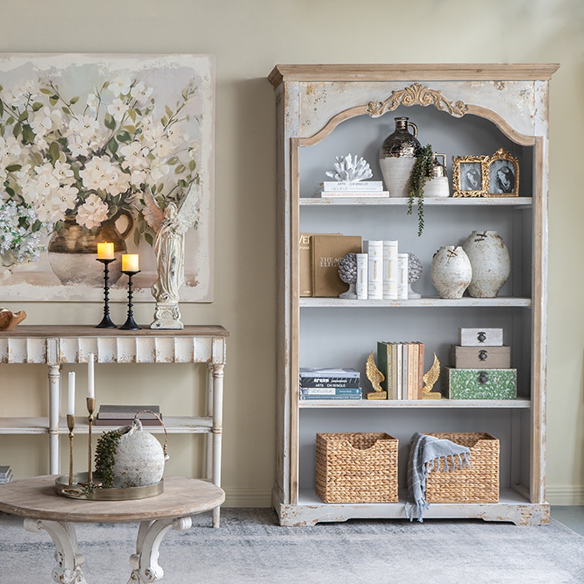 Artekko Alcott Βιβλιοθήκη από Ξύλο Ελάτης σε Λευκή Πατίνα (120x45x210)cm