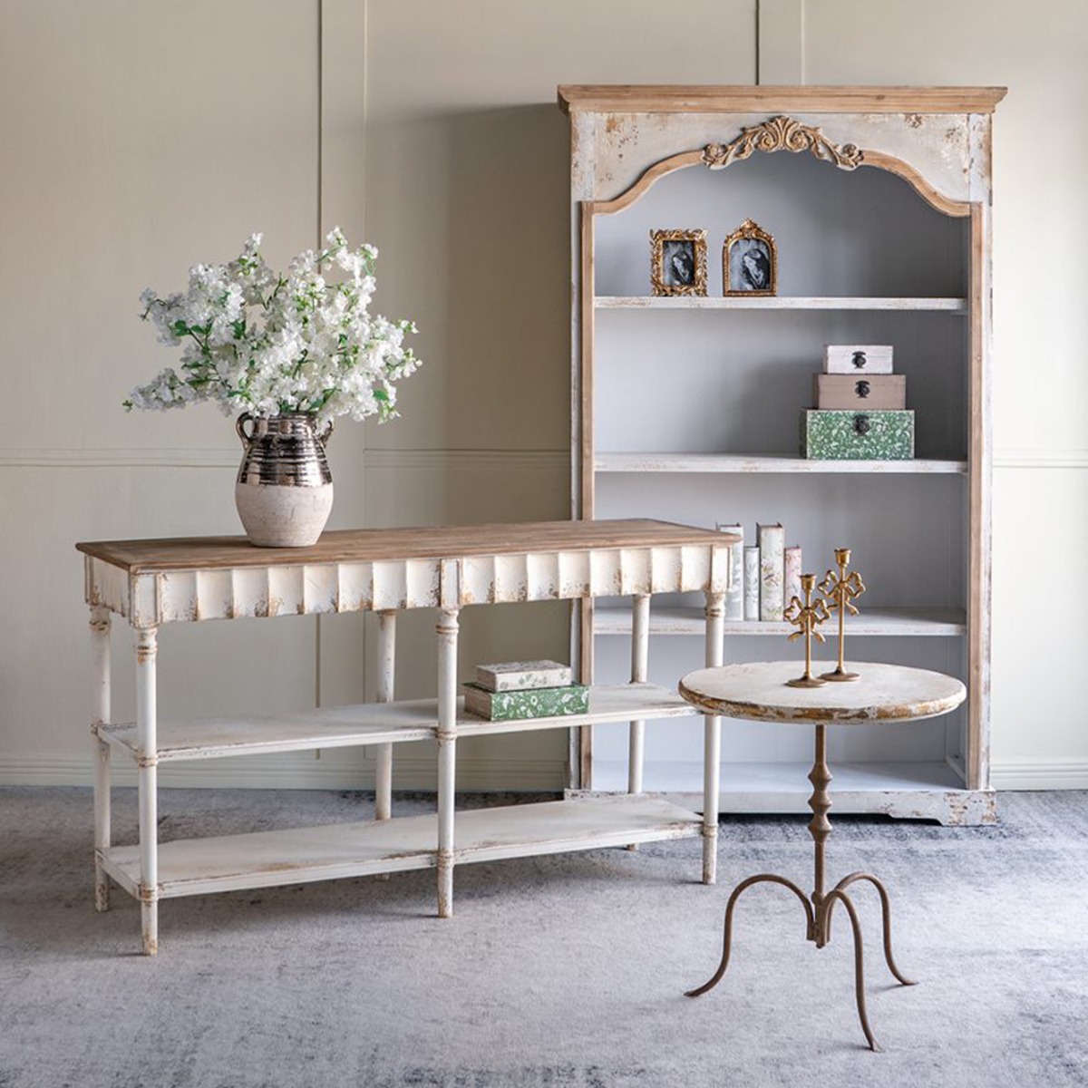 Artekko Alcott Βιβλιοθήκη από Ξύλο Ελάτης σε Λευκή Πατίνα (120x45x210)cm