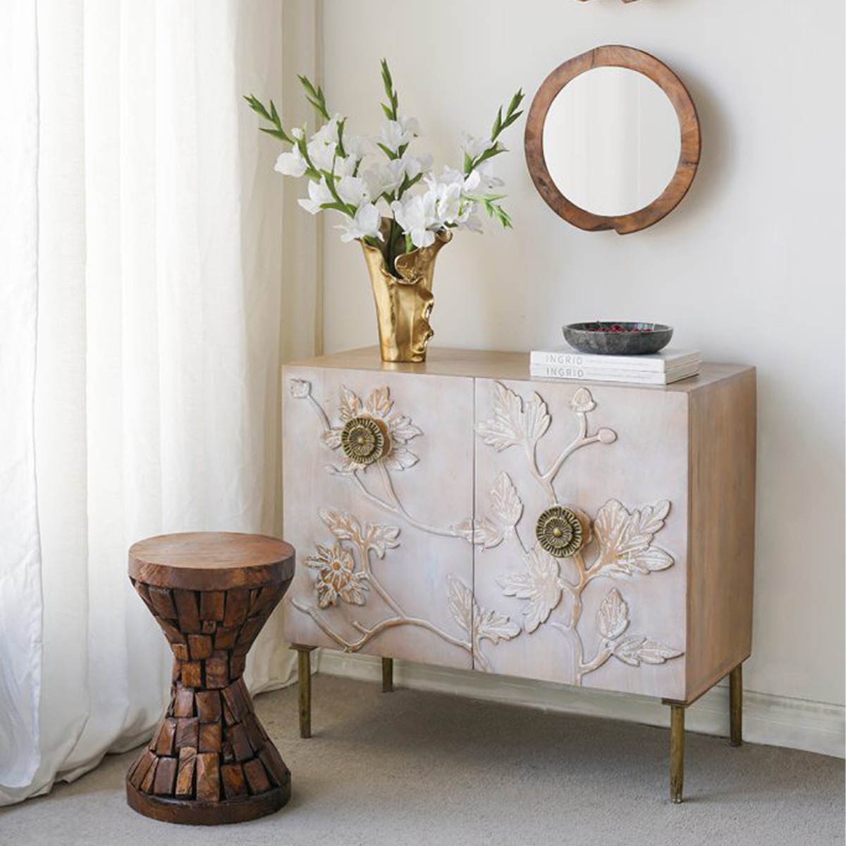 Artekko Siena Καφέ Ξύλινος Μπουφές με Λουλούδια (83.8x40.6x76.2)cm