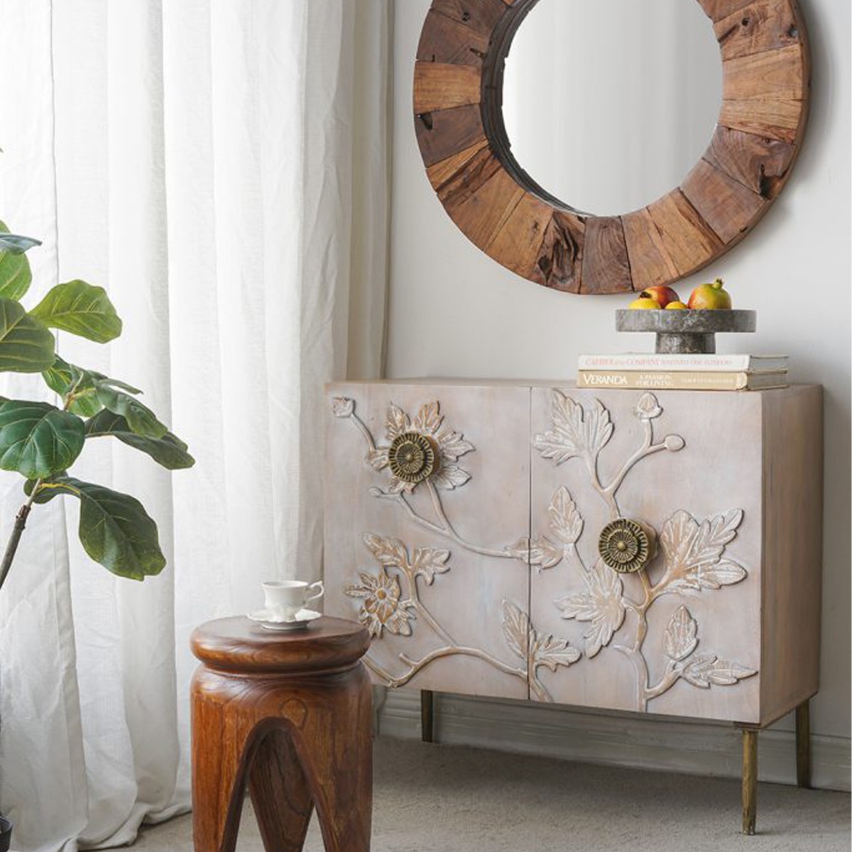 Artekko Siena Καφέ Ξύλινος Μπουφές με Λουλούδια (83.8x40.6x76.2)cm