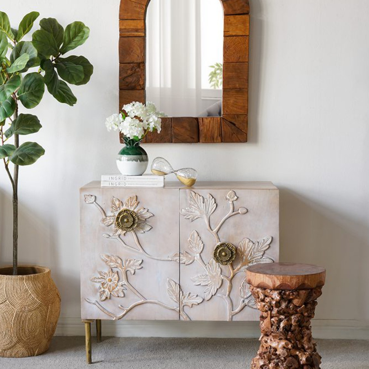 Artekko Siena Καφέ Ξύλινος Μπουφές με Λουλούδια (83.8x40.6x76.2)cm