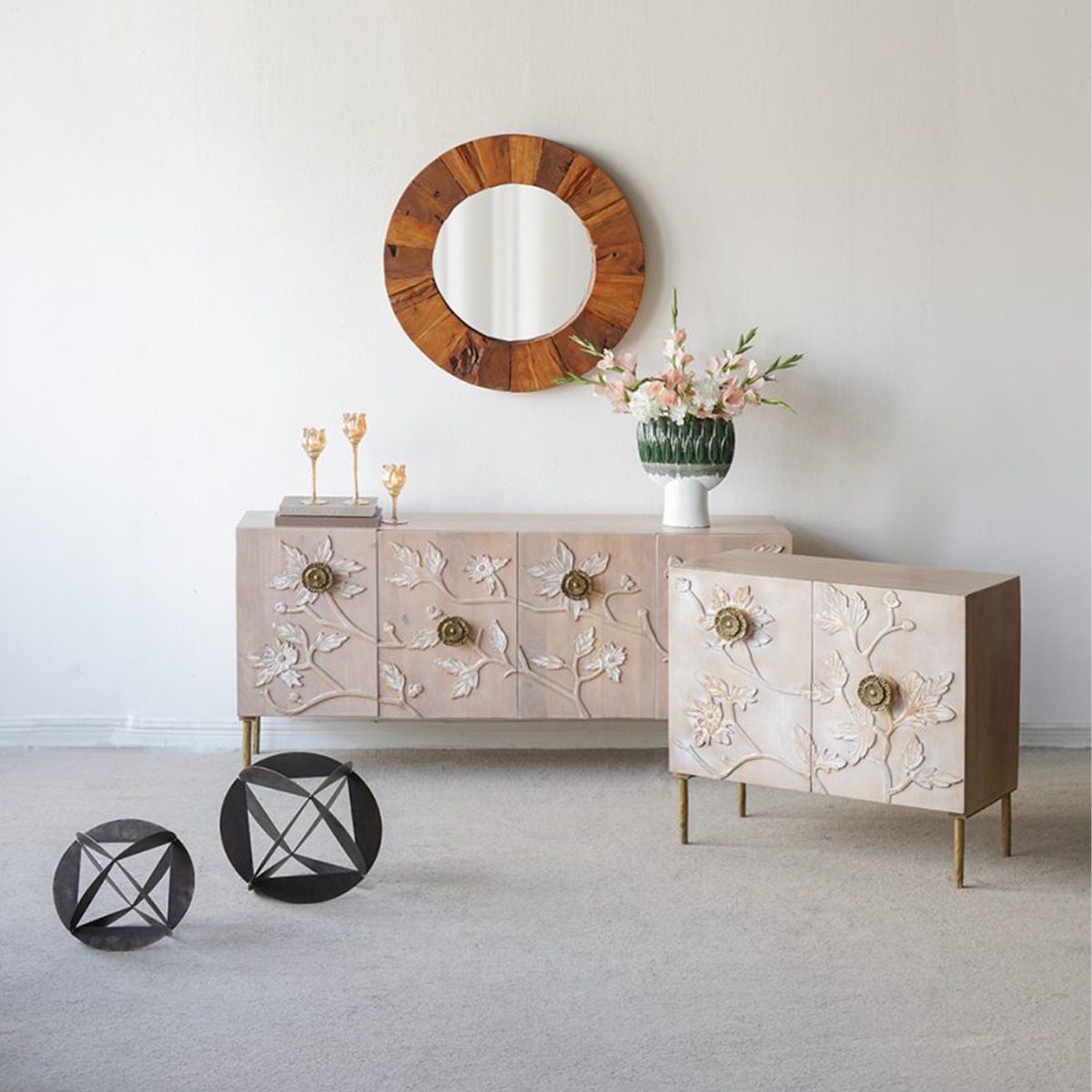 Artekko Siena Καφέ Ξύλινος Μπουφές με Λουλούδια (83.8x40.6x76.2)cm