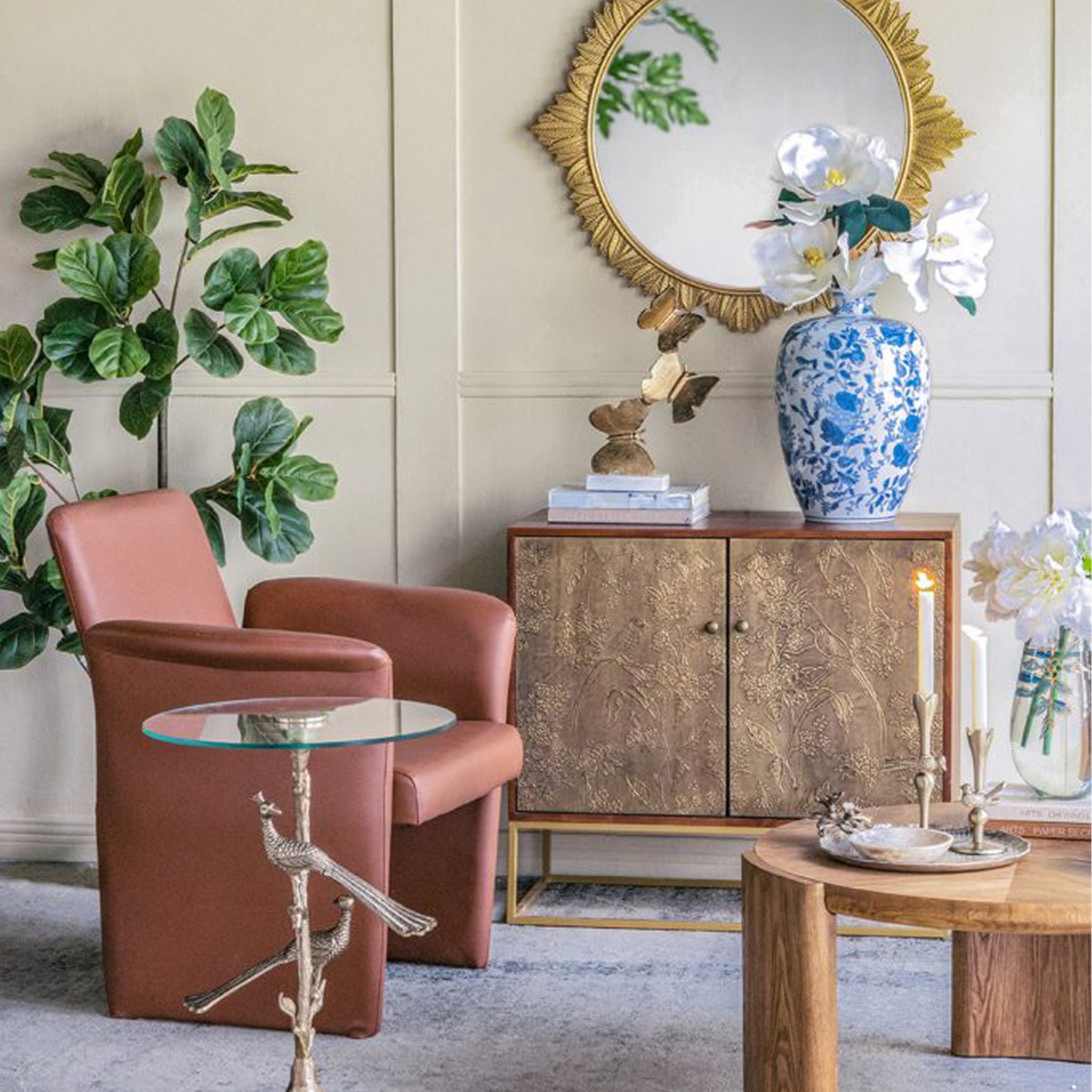 Artekko Orion Καφέ Ξύλινος Μπουφές με Ανάγλυφα Χρυσά Σχέδια (83.8x40.6x75)cm