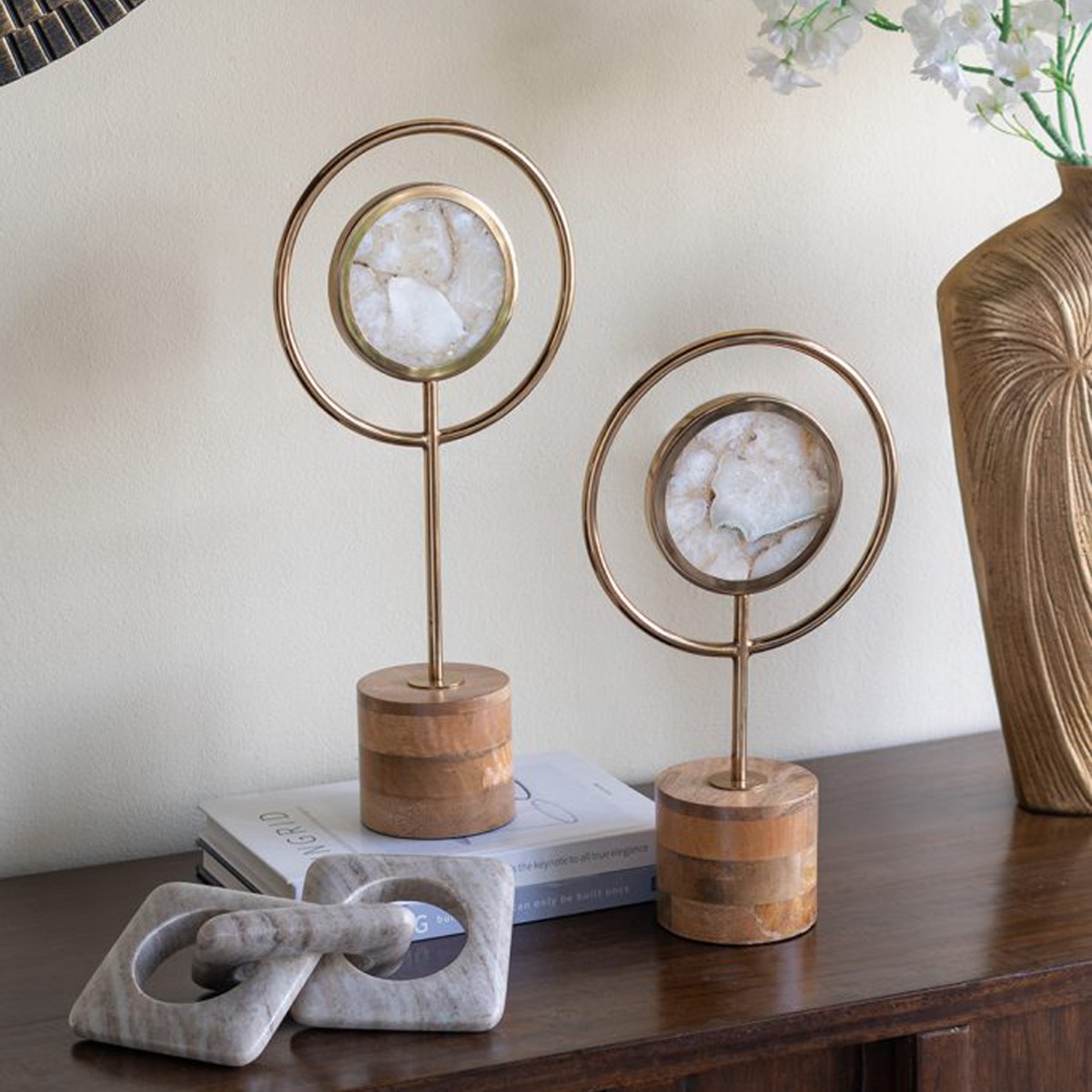 Artekko Agate Χρυσό Μεταλλικό Διακοσμητικο με Αχάτη σε Ξύλινη Βάση (20x10x45)cm