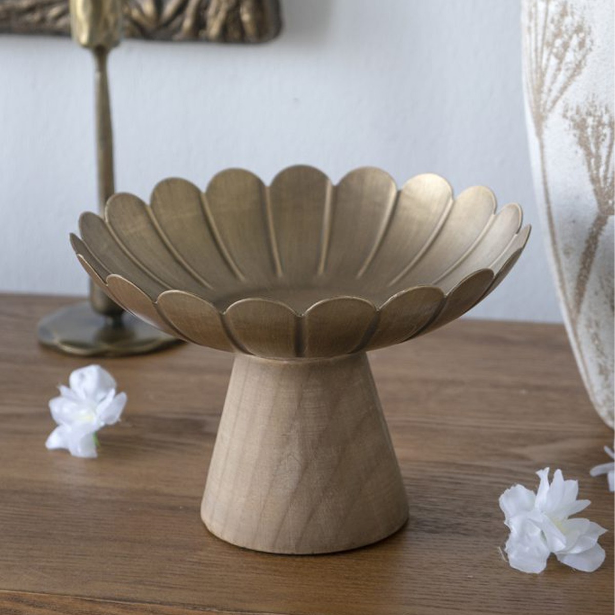 Artekko Solis Χρυσό Μεταλλικό Μπολ με Βάση από Ξύλο Πεύκου (20x20x14)cm