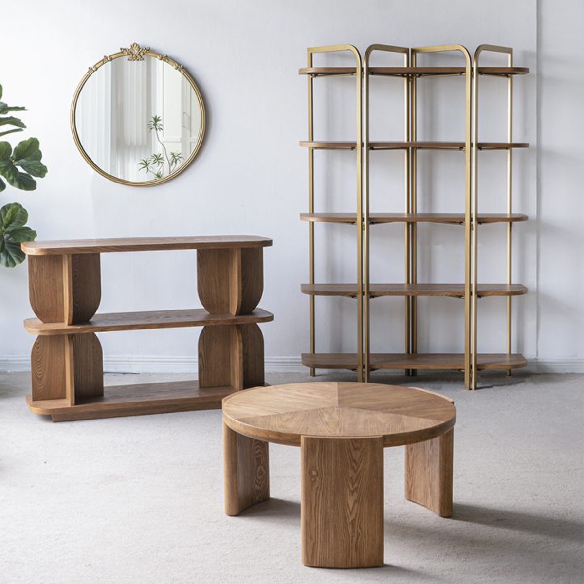 Artekko Lume Καφέ MDF Ραφιέρα με Χρυσό Μεταλλικό Σκελετό (121.5x40x179)cm