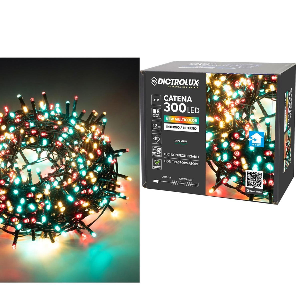 300 LED Εσωτ. & Εξωτ. Χώρου Με 8 Προγράμματα Και Μετασχηματιστή Πολύχρωμο Φως Πράσινο Καλώδιο Μη Επεκτεινόμενο IP44 31V