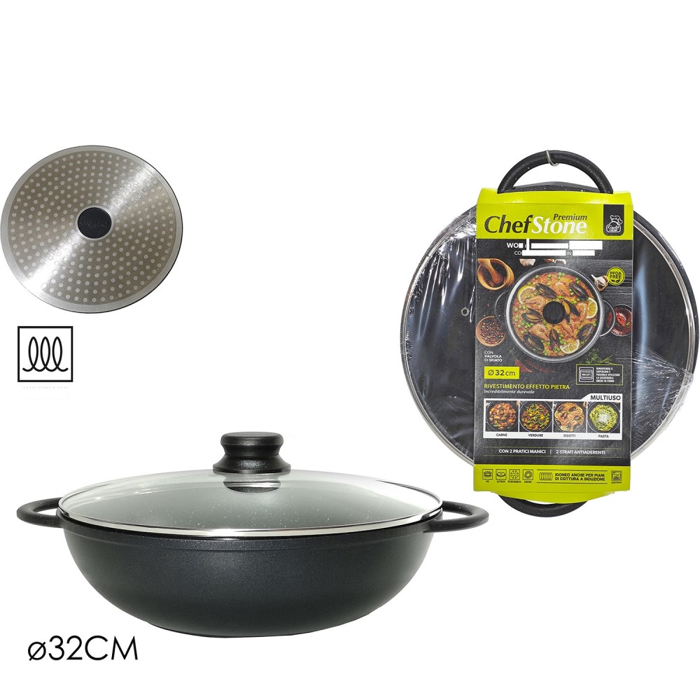 Wok Chef Stone Μαύρο/Γυαλί Αλουμίνιο Πιεσμένο Φ32CM