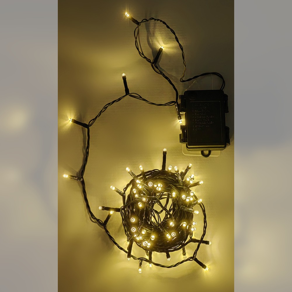 100 LED Εσωτ. & Εξωτ. Χώρου Με Χρονοδιακόπτη Θερμό Λευκό Φως Πράσινο Καλώδιο Μη Επεκτεινόμενο Μπαταρίας 13.9+0.2m