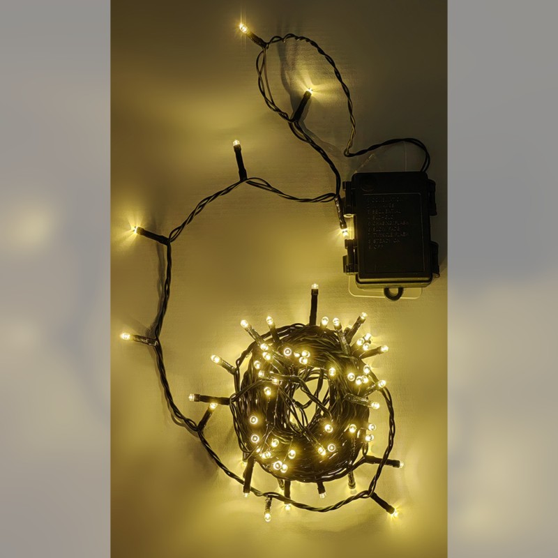 100 LED Εσωτ. & Εξωτ. Χώρου Με Χρονοδιακόπτη Θερμό Λευκό Φως Πράσινο Καλώδιο Μη Επεκτεινόμενο Μπαταρίας 13.9+0.2m