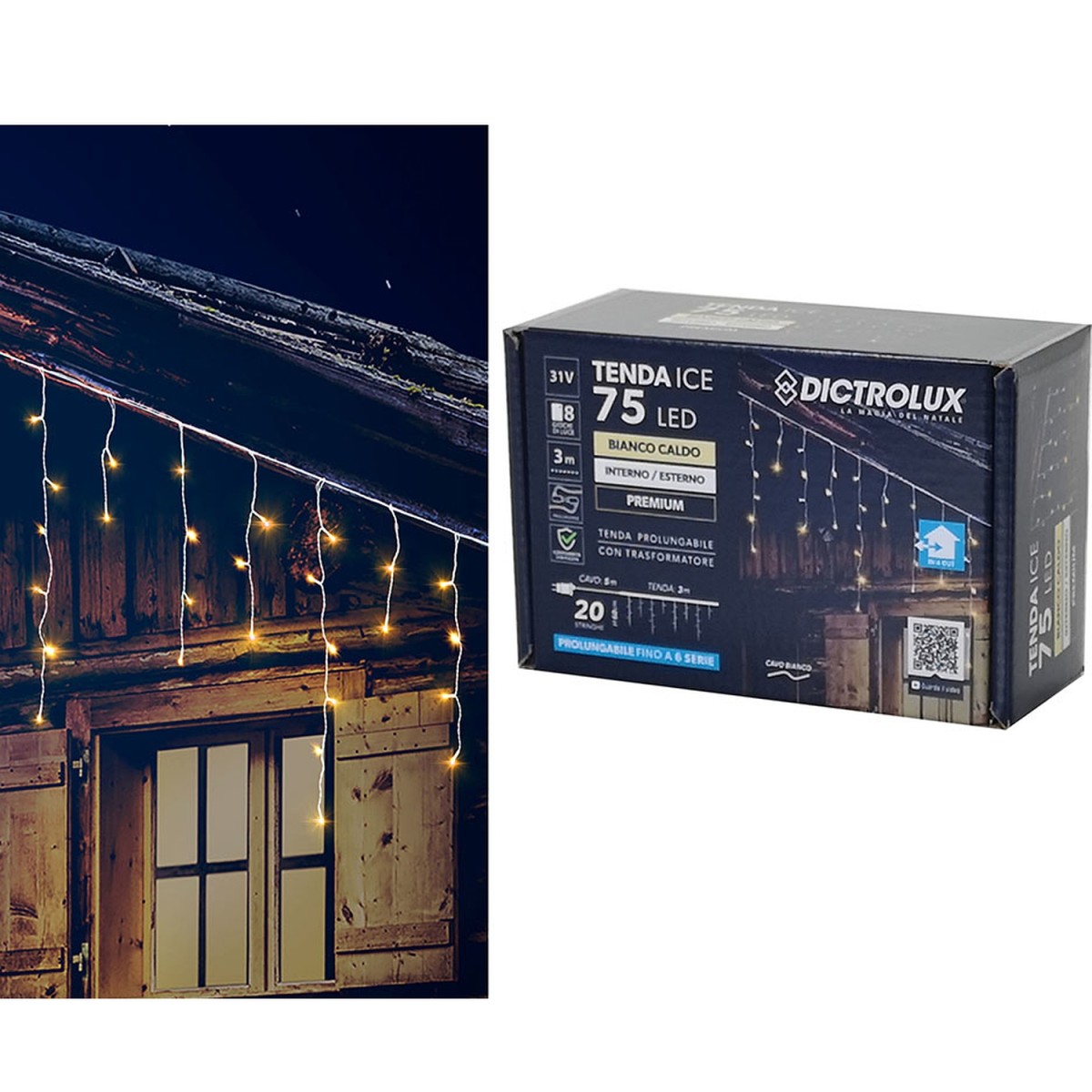 75 LED Κουρτίνα Εσωτ. & Εξωτ. Χώρου Με 8 Προγράμματα Και Μετασχηματιστή Θερμό Λευκό Φως Λευκό Καλώδιο Επεκτεινόμενο IP44