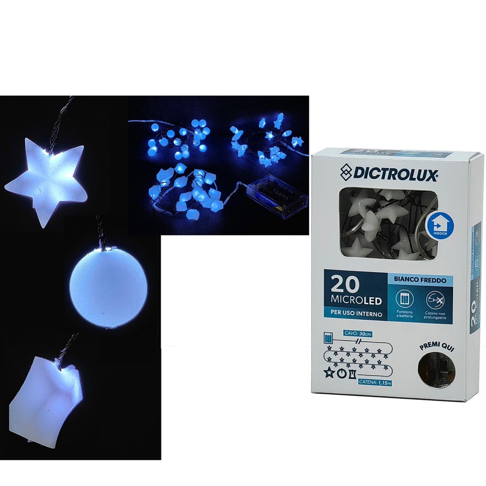 20 LED Εσωτερικού Χώρου Ψυχρό Λευκό Φως Διάφανο Καλώδιο Μη Επεκτεινόμενο Μπαταρίας 1.45m