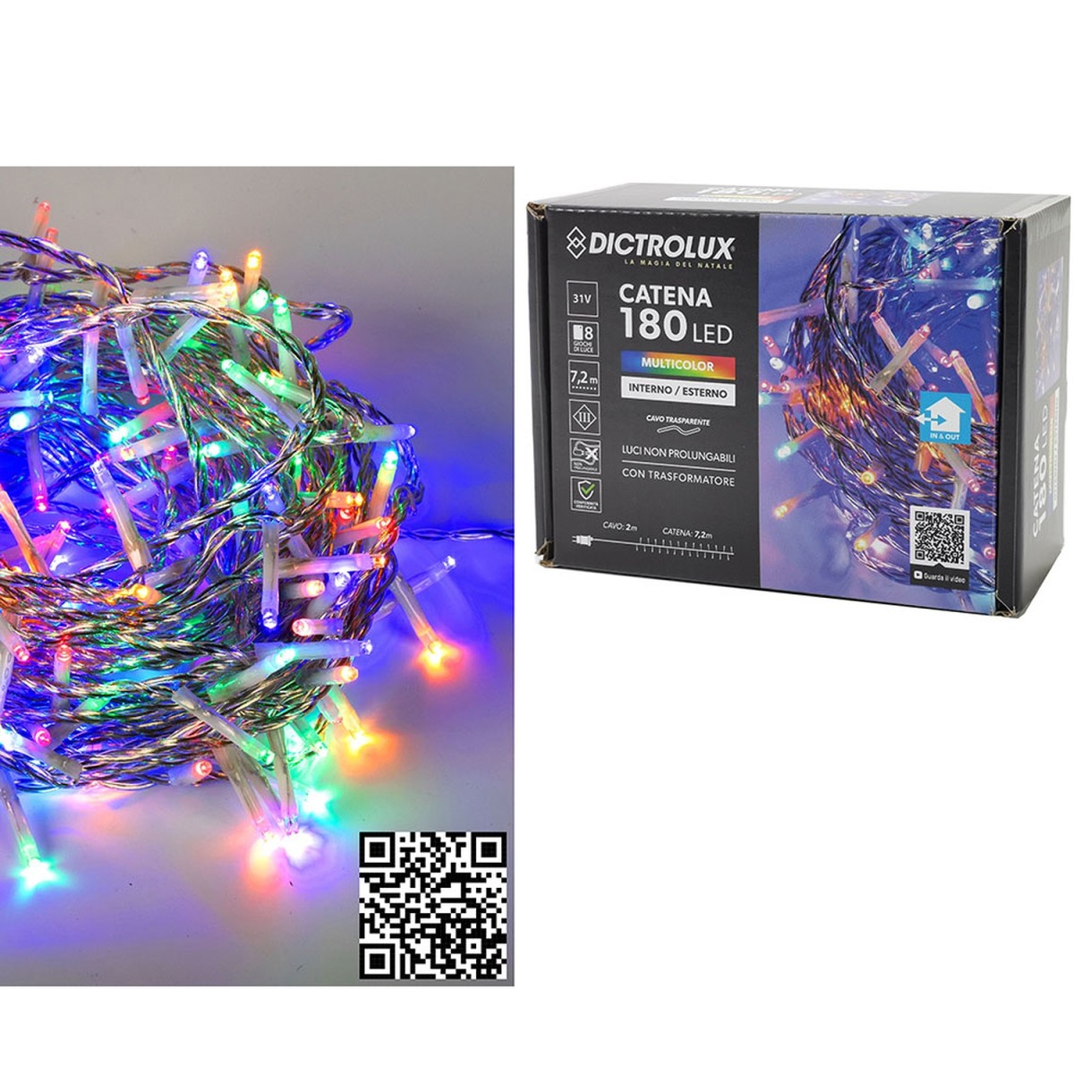 180 LED Εσωτ. & Εξωτ. Χώρου Με 8 Προγράμματα Και Μετασχηματιστή Πολύχρωμο Φως Διάφανο Καλώδιο Μη Επεκτεινόμενο IP44 31V