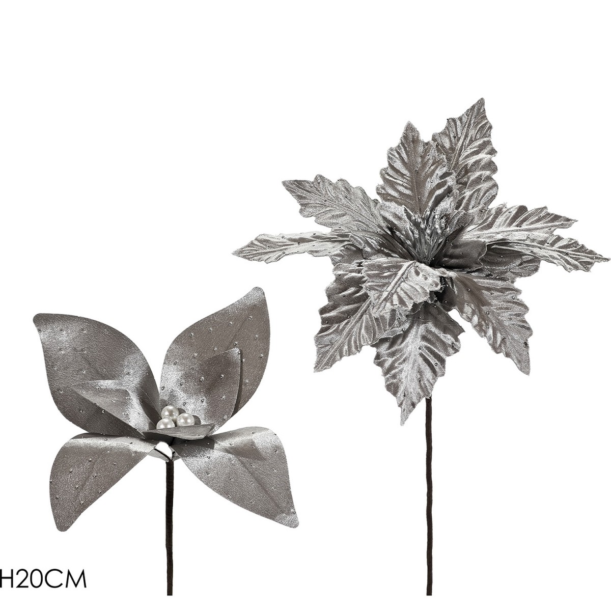Χριστουγεννιάτικο Κλαδί Με Λουλούδι Ασημί 20cm Σε 2 Σχέδια