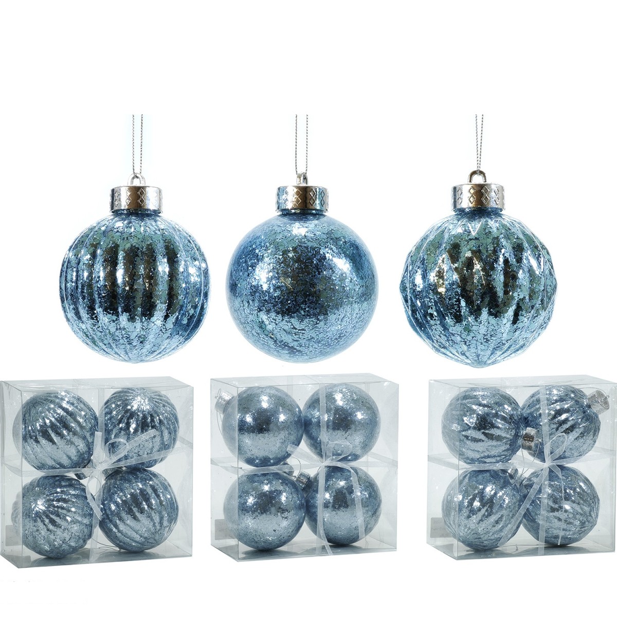 Χριστουγεννιάτικη Μπάλα Γαλάζιο 100mm Σετ 4Τμχ Σε 3 Σχέδια