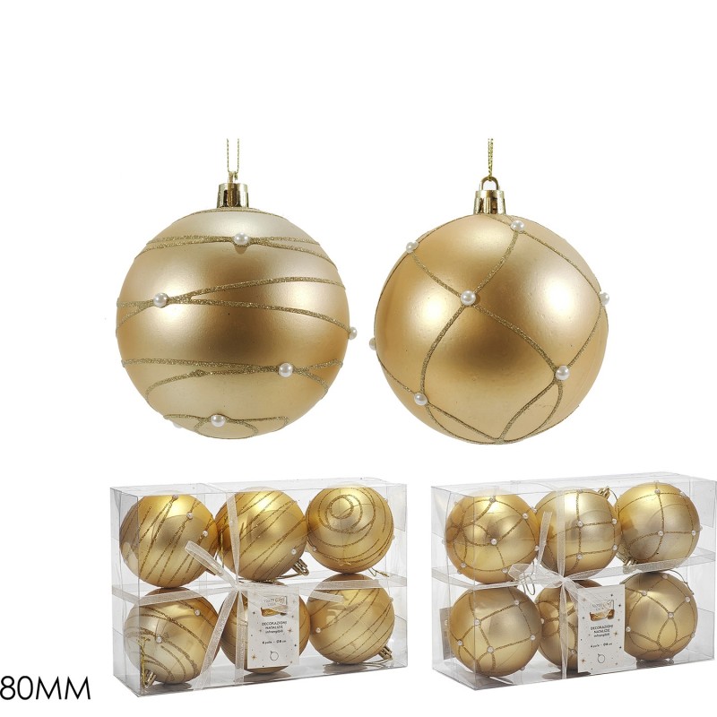 Χριστουγεννιάτικη Μπάλα Χρυσό 80mm Με Πέρλες Σετ 6Τμχ Σε 2 Σχέδια