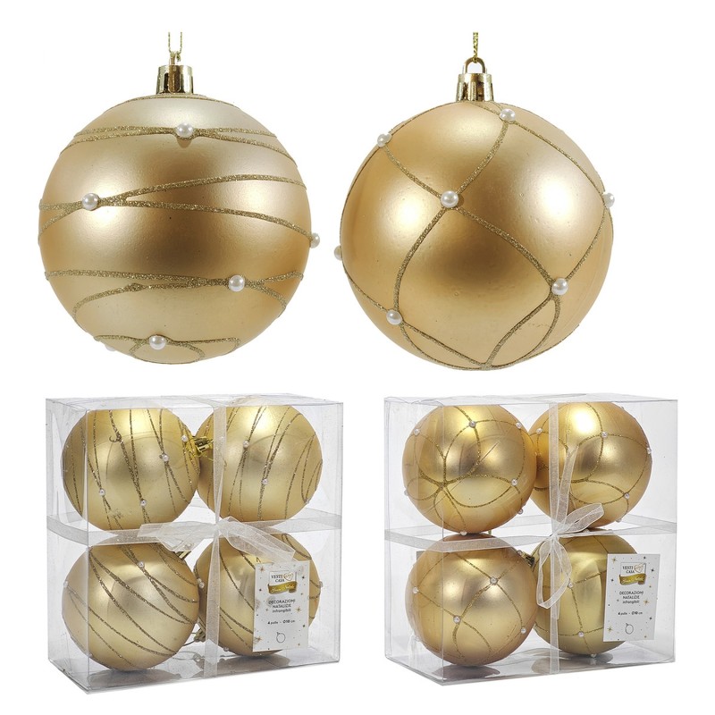 Χριστουγεννιάτικη Μπάλα Χρυσό 100mm Με Πέρλες Σετ 4Τμχ Σε 2 Σχέδια