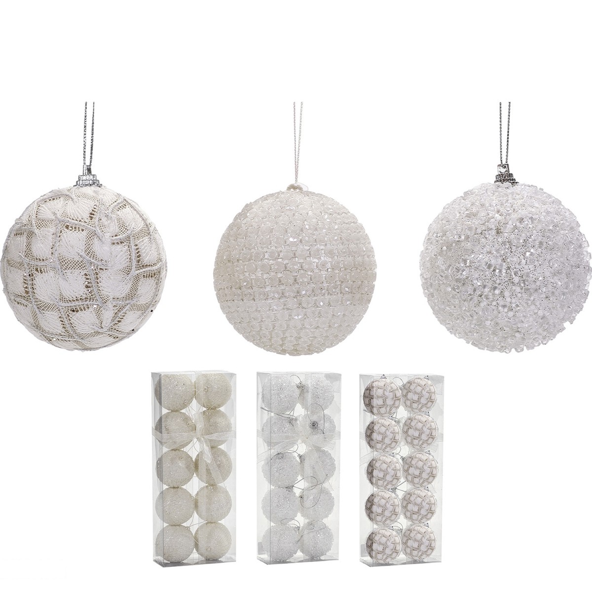 Χριστουγεννιάτικη Μπάλα Λευκό 60mm Σετ 10Τμχ Σε 3 Σχέδια