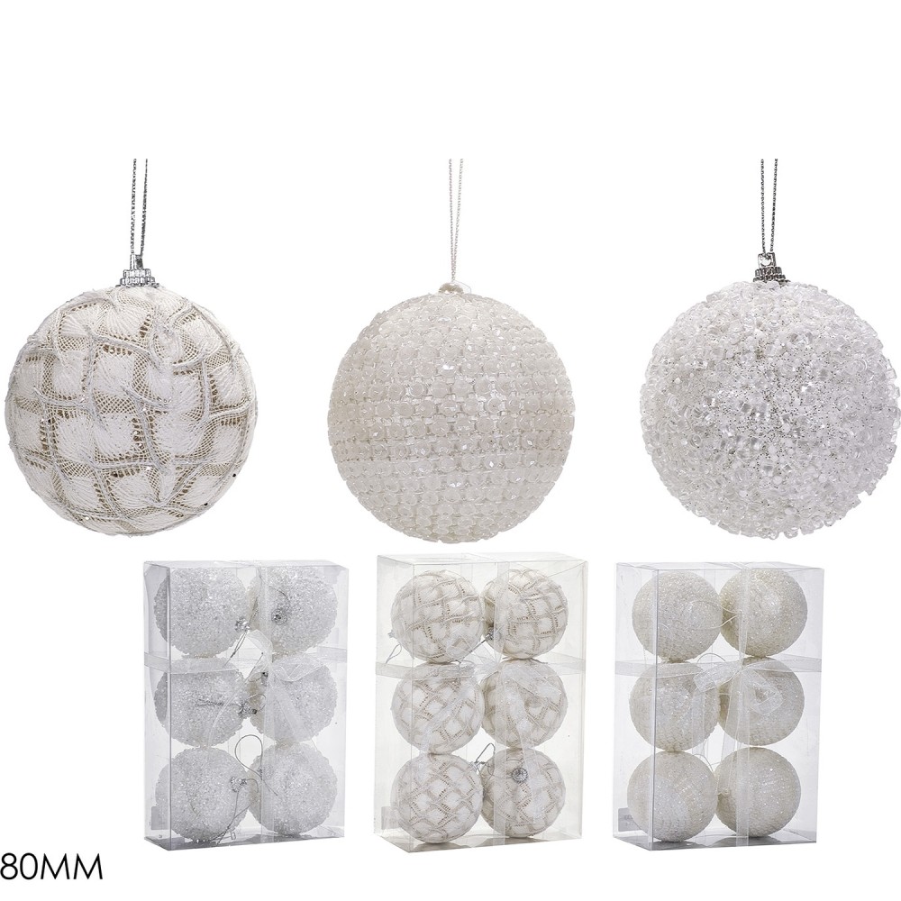 Χριστουγεννιάτικη Μπάλα Λευκό 80mm Σετ 6Τμχ Σε 3 Σχέδια