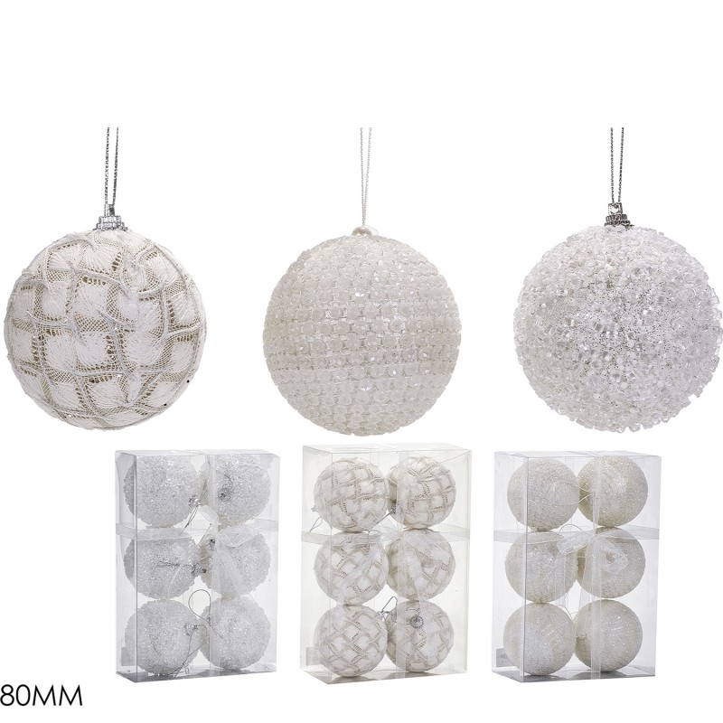 Χριστουγεννιάτικη Μπάλα Λευκό 80mm Σετ 6Τμχ Σε 3 Σχέδια