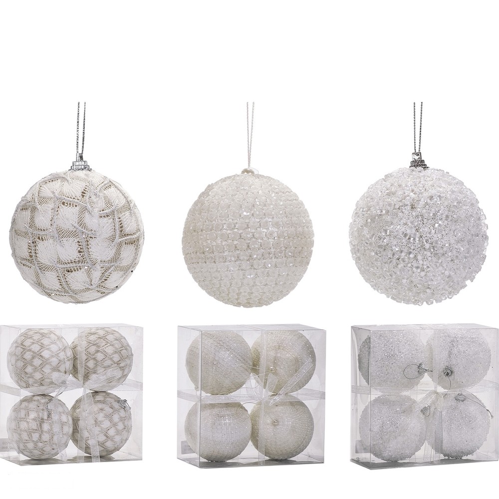 Χριστουγεννιάτικη Μπάλα Λευκό 100mm Σετ 4Τμχ Σε 3 Σχέδια