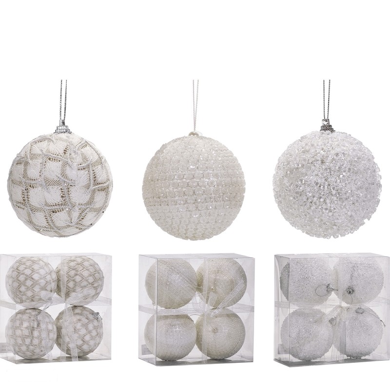 Χριστουγεννιάτικη Μπάλα Λευκό 100mm Σετ 4Τμχ Σε 3 Σχέδια