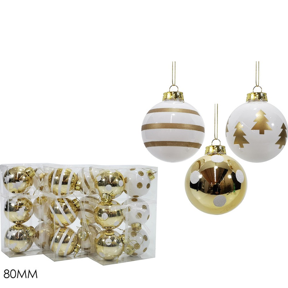 Χριστουγεννιάτικη Μπάλα Λευκό/Χρυσό 80mm Σετ 6Τμχ Σε 3 Σχέδια