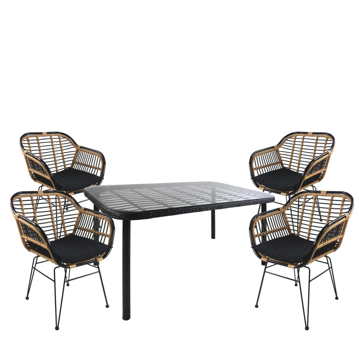Σετ Τραπεζαρία Κήπου ArteLibre AMPLAS Μαύρο Μέταλλο/Rattan/Γυαλί Με 4 Καρέκλες 14990365