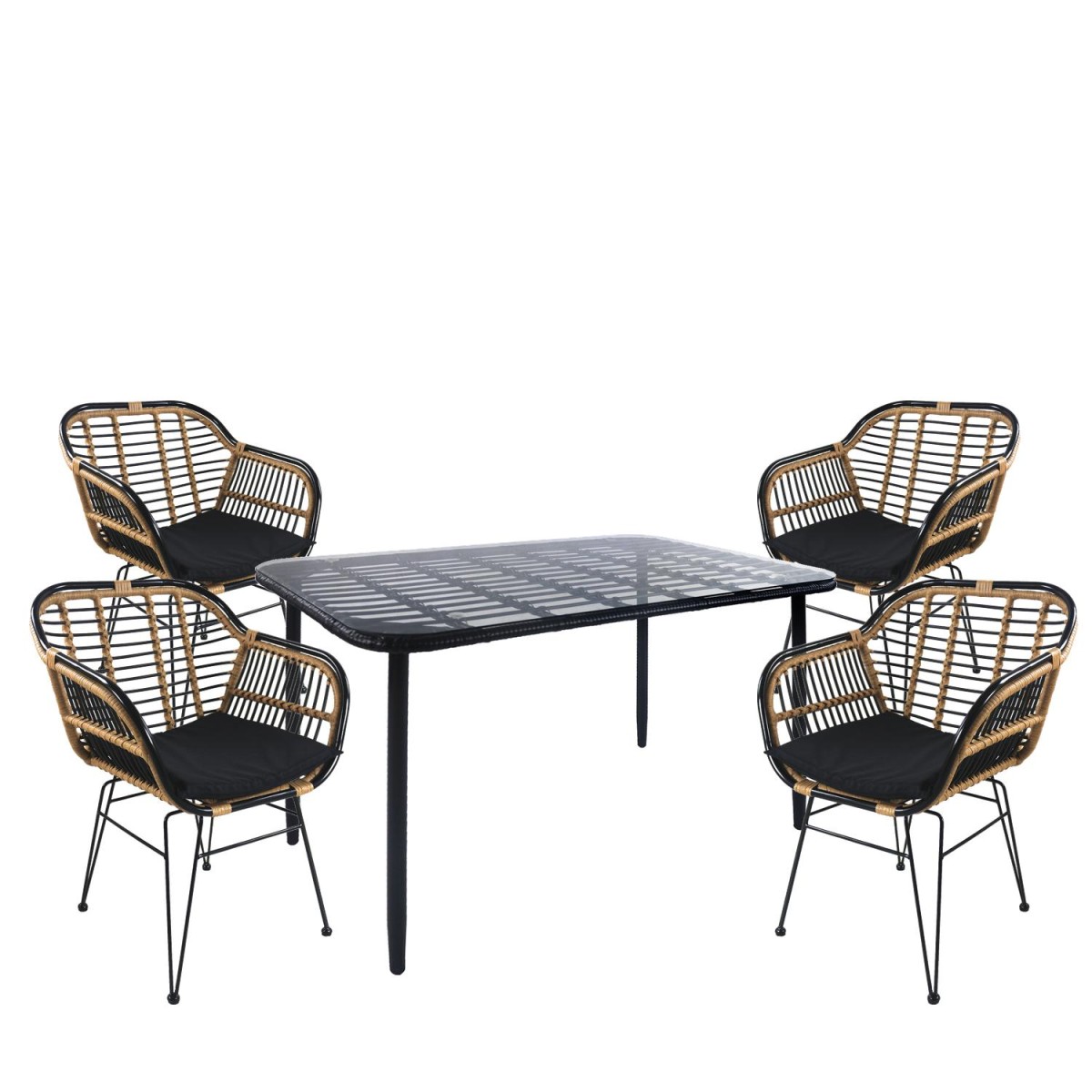 Σετ Τραπεζαρία Κήπου ArteLibre ANNIUS Μαύρο Μέταλλο/Rattan/Γυαλί Με 4 Καρέκλες 14990366
