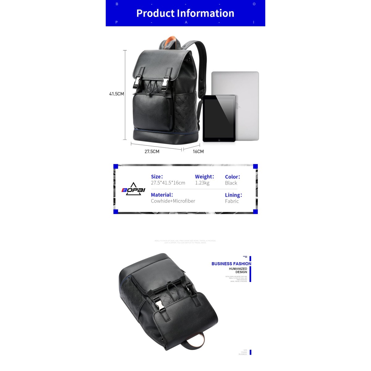 Σακίδιο πλάτης Δερμάτινο 20L Laptop 15,6” Bopai 61-128811 μαύρο