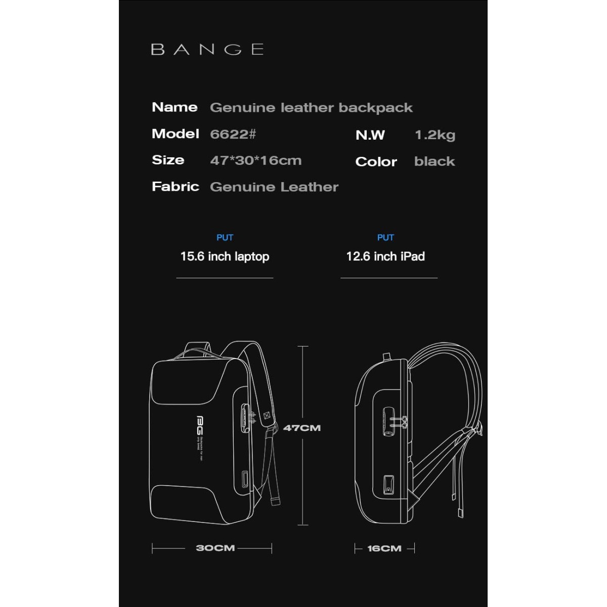 Δερμάτινο Σακίδιο πλάτης 23L Laptop 15,6” Bange 6622 μαύρο