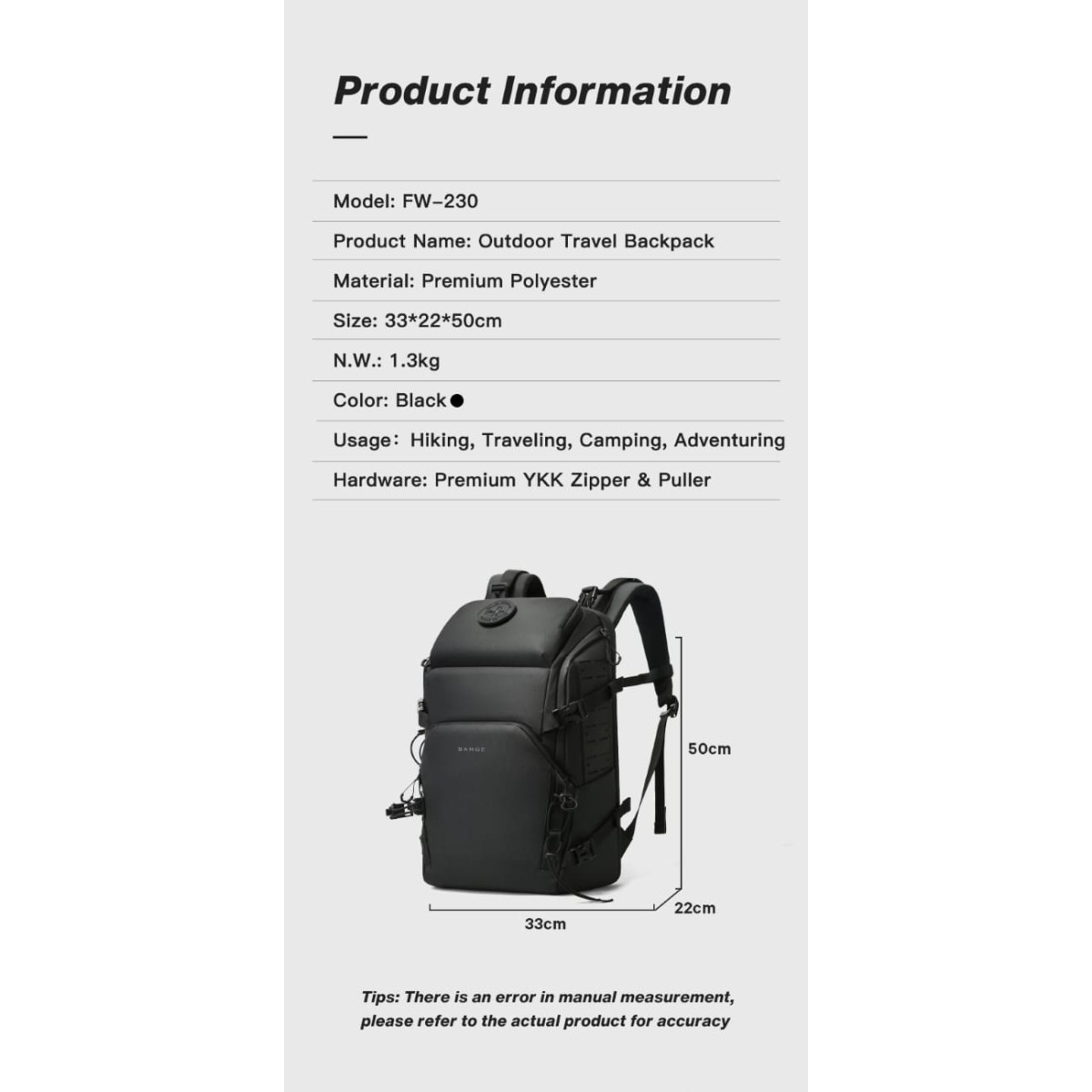 Σακίδιο πλάτης Ορειβατικό 36L Laptop 15,6” Bange FW230 μαύρο