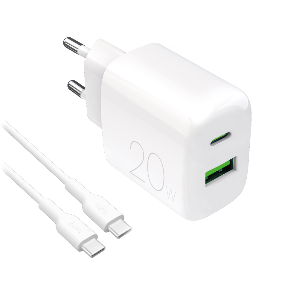 Puro Power Kit: Wall Charger PRO LITE 20W + Cable USB-C to USB-C, 1,2m, White