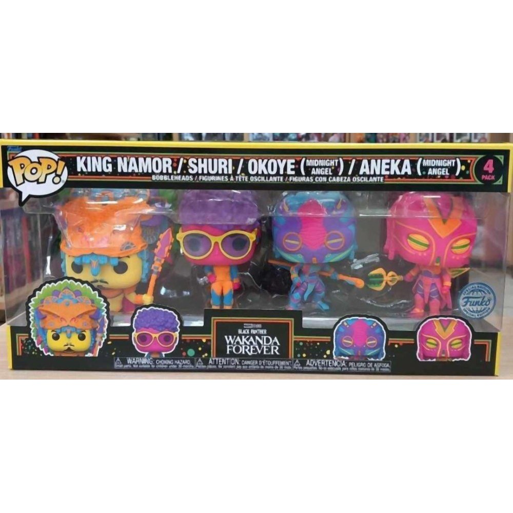 Funko Pop! 4-Pack: Marvel - Black Panther: Wakanda Forever - King Namor / Shuri / Okoye (Midnight Angel) / Aneka (Midnight Angel) (Blacklight) (Special Edition) Bobble Heads Vinyl Figures