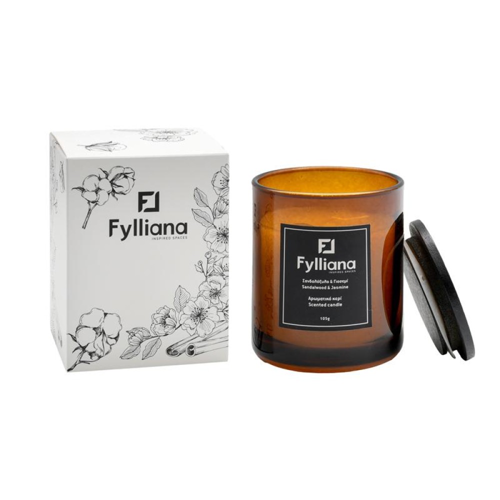 ΑΡΩΜΑΤΙΚΟ ΚΕΡΙ Fylliana FL6478 "ΣΑΝΔΑΛΟΞΥΛΟ & ΓΙΑΣΕΜΙ" ΣΕ ΓΥΑΛΙΝΟ ΒΑΖΑΚΙ 105gr ΚΑΙ ΣΥΣΚΕΥΑΣΙΑ ΔΩΡΟΥ ΚΑΦΕ ΧΡΩΜΑ 6.3x7.8εκ