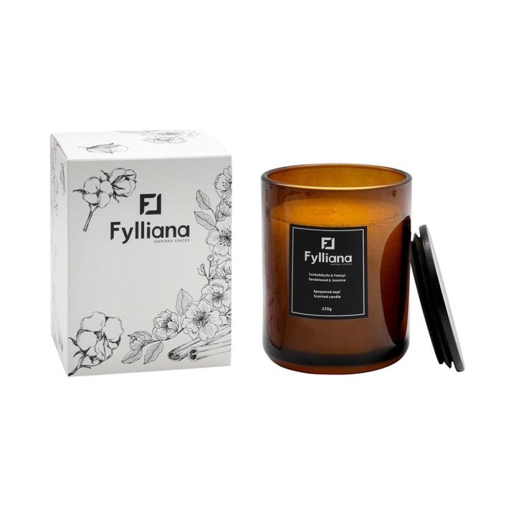 ΑΡΩΜΑΤΙΚΟ ΚΕΡΙ Fylliana FL80105 "ΣΑΝΔΑΛΟΞΥΛΟ & ΓΙΑΣΕΜΙ" ΣΕ ΓΥΑΛΙΝΟ ΒΑΖΑΚΙ 220gr ΚΑΙ ΣΥΣΚΕΥΑΣΙΑ ΔΩΡΟΥ ΚΑΦΕ ΧΡΩΜΑ 8x10.5εκ