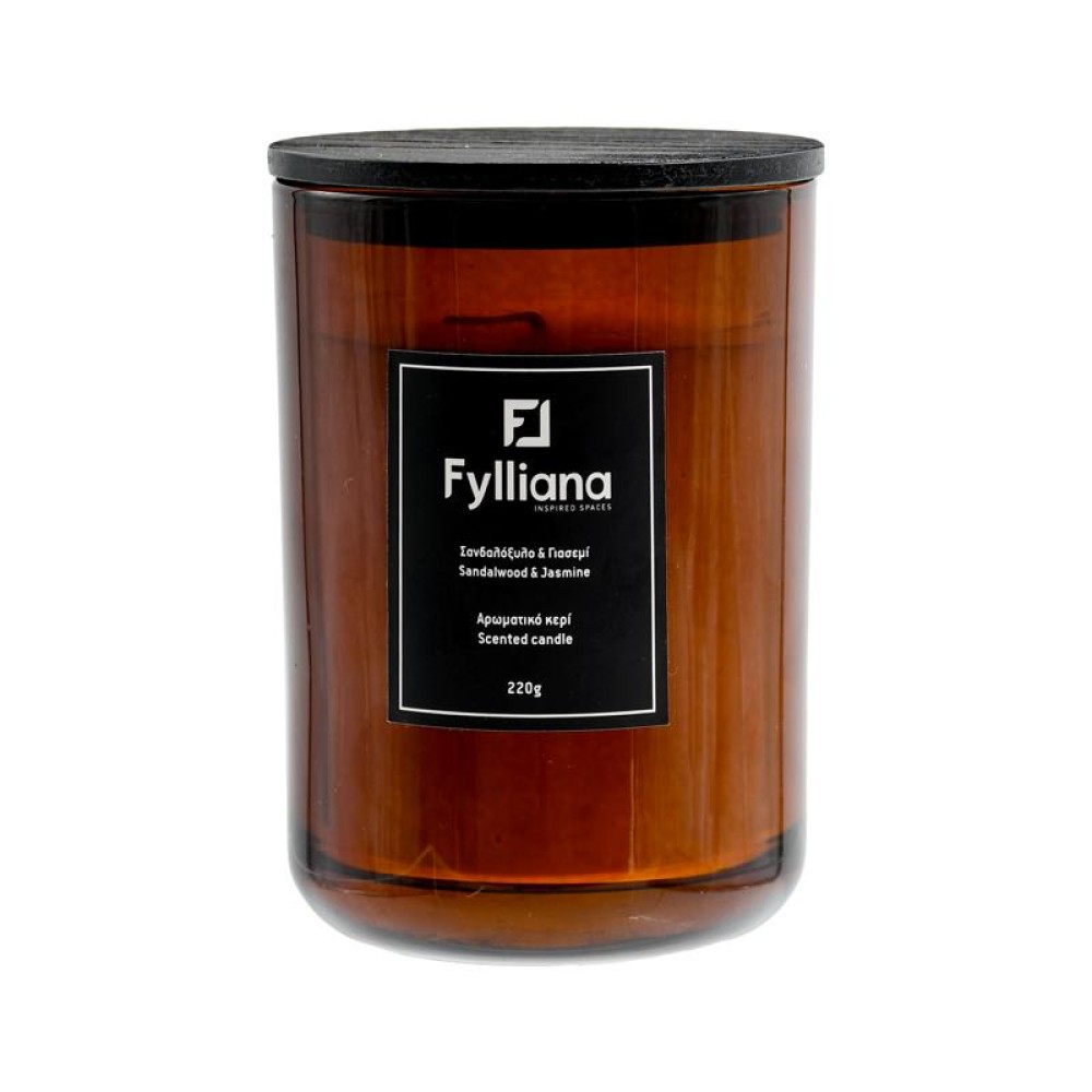ΑΡΩΜΑΤΙΚΟ ΚΕΡΙ Fylliana FL80105 "ΣΑΝΔΑΛΟΞΥΛΟ & ΓΙΑΣΕΜΙ" ΣΕ ΓΥΑΛΙΝΟ ΒΑΖΑΚΙ 220gr ΚΑΙ ΣΥΣΚΕΥΑΣΙΑ ΔΩΡΟΥ ΚΑΦΕ ΧΡΩΜΑ 8x10.5εκ